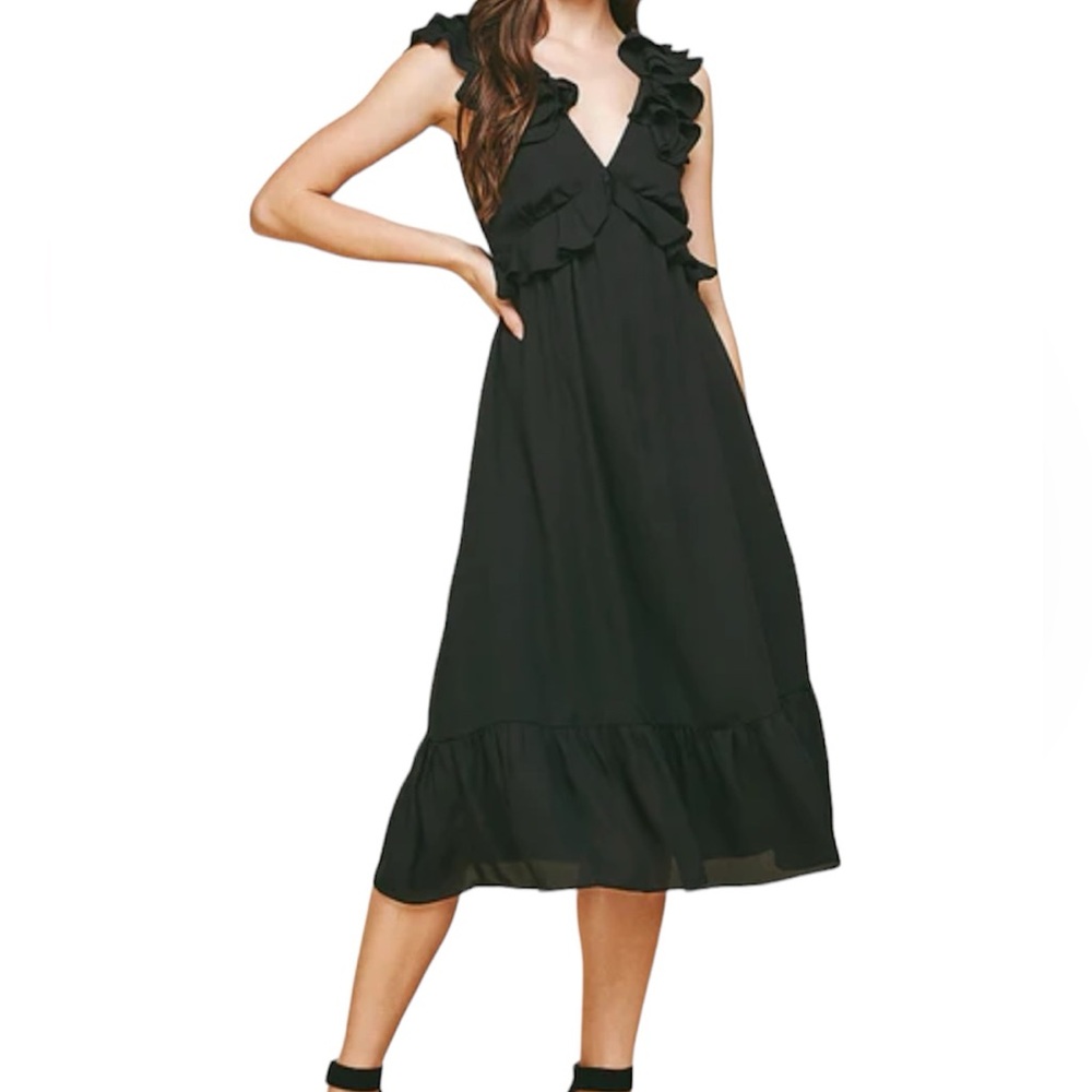 Women’s Black Ruffle V-Neck Midi Dress - Elegant Everyday Style